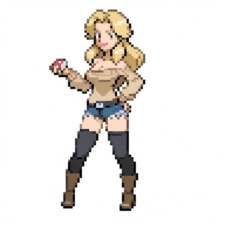 1girl, solo,
full body,
trainerallie,
blonde hair, long hair, blue eyes, (large breasts, pink lips:0.75),
allieoutfit,
beige off-shoulder sweater, denim shorts, black thighhighs, boots,
hand on hip, holding poke ball, smile