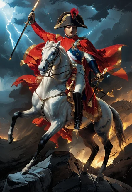 concept art, napoleon, general, mysterious, full body, dark enigmatic, on horse back, riding horse, storm of gold, glowing giant napoleon sword in hand, military uniform, ((bicorne)) hat, blue and white uniform, red cape overflowing, atmosphere is charged with an military energy, historic realism, dramatic lighting, detailed textures to bring the scene to life, <lora:zavy-cntrst-sdxl:1.5>, <lora:- SDXL - vanta-black_contrast_V3.0:0.4>, <lora:glowneon_xl_v1:0.4> . digital artwork, illustrative, painterly, matte painting, highly detailed, close up portrait,