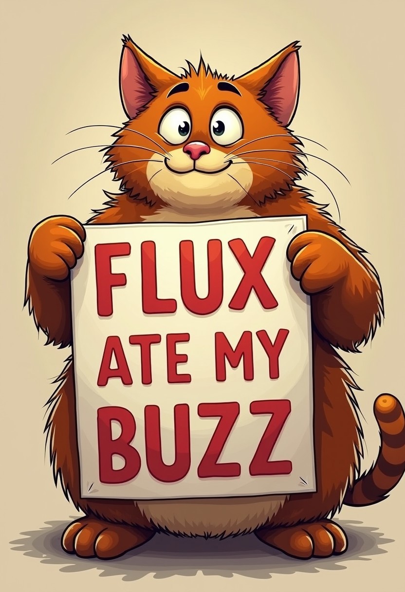 very buff Cat holding poster, cartoony wide Cat, text on a poster "FLUX ATE MY BUZZ"