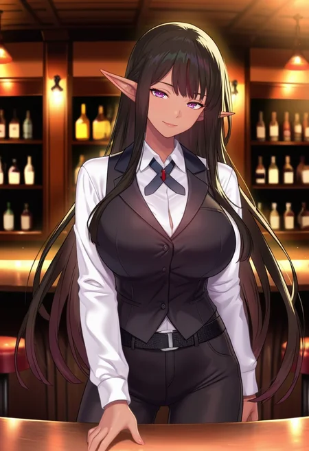 masterpiece, best quality, amazing quality,therese el frey, purple eyes, black hair, dark-skinned female, mature female,bangs,sidelock,pointy ears, long hair, 1girl, breasts, solo,large breasts,closed mouth, light smile, black vest, collared shirt, white shirt,black cross tie, long sleeves, black belt, black pants, cowboy shot, standing, looking at viewer, indoors, bar \(place\), bartender, night, blurry background<lora:therese el freyV1:0.8>