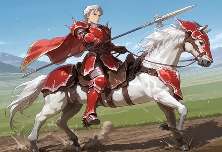 masterpiece,extreme detailed,SmoothNoob_Quality,day,outdoors,field,full body BREAK jagen_(fe),1boy,blue eyes,red armor,cape,spikes,<lora:jagen_(fe)-IL:1>,holding polearm,<lora:NOOB_vp1_detailer_by_volnovik_v1:1>,Cavalier,white horse,horseback riding,<lora:cavaliar-IL:1>,