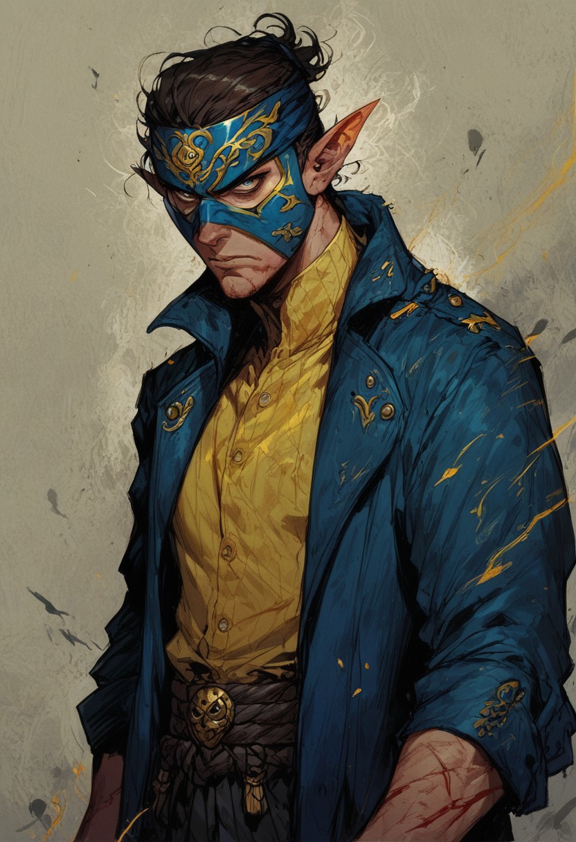 score_9, score_8_up, score_7_up, 1man, solo, 23 year old, serious, determined look, shifter, dark blue jacket with yellow lines, mask, masked, yellow shirt, yellow and blue mask, pointy ears,blood, scars, slim body, easynegative