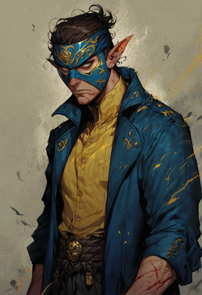 score_9, score_8_up, score_7_up, 1man, solo, 23 year old, serious, determined look, shifter, dark blue jacket with yellow lines, mask, masked, yellow shirt, yellow and blue mask, pointy ears,blood, scars, slim body, easynegative