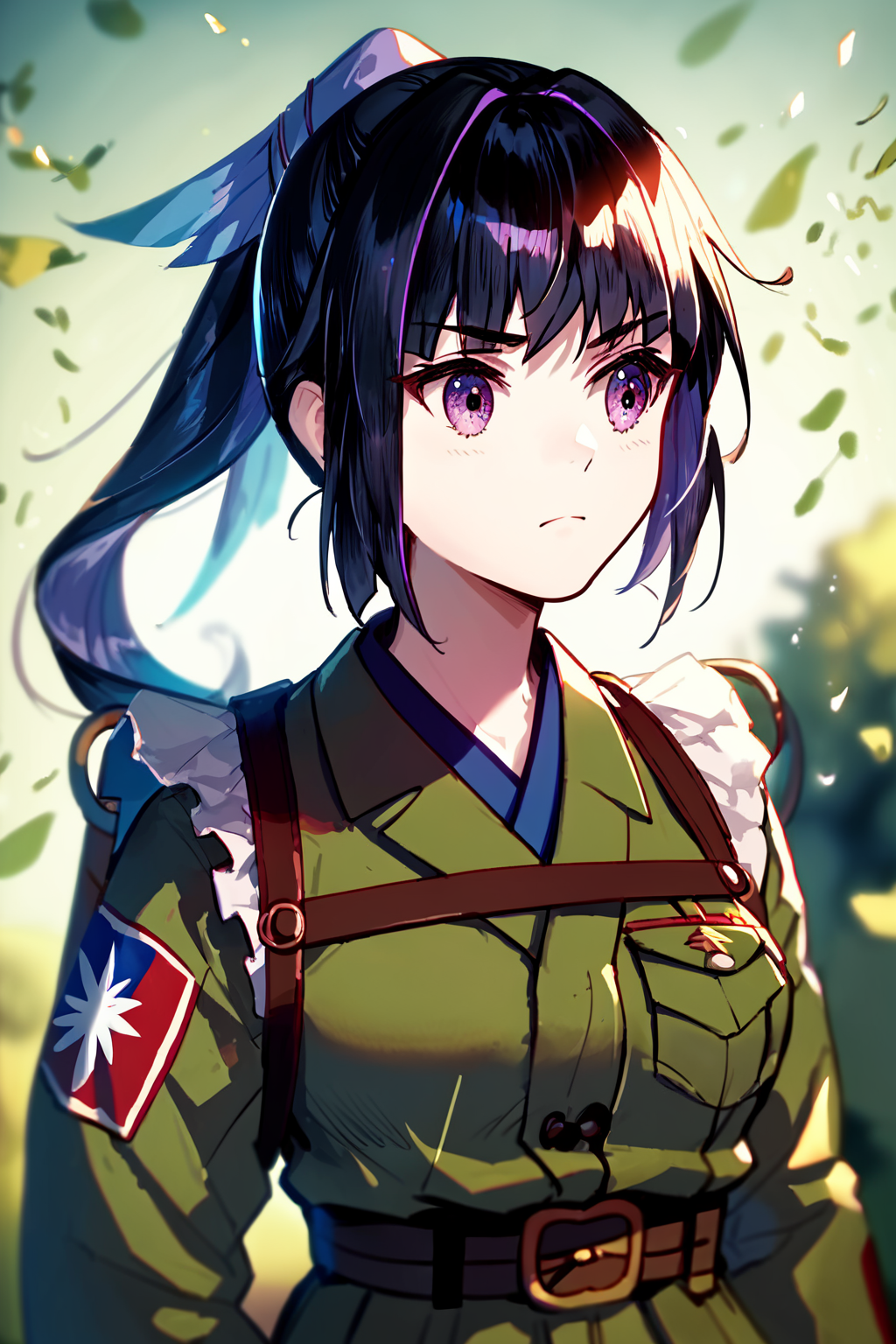 score_9, score_8_up, score_7_up, score_6_up, rating_safe, source_anime, best quality, masterpiece, detailed background, army camp, army clothes, (saluting), <lora:karasuba-xl-04:0.9>, karasuba, prima uniform, ponytail, medium breasts, stern face
