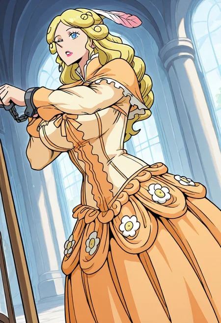 SarieNantokanetteOP, 1girl, solo, blonde hair, long hair, wavy hair, bright  hair, slim woman, feather on hair, pointy nose, blue eyes, full lips, lipstick, cleavage, large breast, yellow-orange dress, dress ornament, flower ornament, puffy skirt, frills, long sleeves, cuffs, thick thighs,
masterpiece, best quality, fine details, intricate details, depth of field, subsurface scattering, bokeh, ultra-detailed, very aesthetic, detailed background, newest, scenery, highres, absurdres, colorful, vibrant, glowing, perfect face, 2d, perfect eyes,  vibrant saturated colors, volumetric lighting, sharp, detailed eyes, perfect anatomy,  perfect face, perfect eyes, mature body, clear eyes, beautiful eyes, athletic, curvy body, athletic girl, perky tits, perfect tits, round breasts, pinup pose, teasing, lustful expression, perfect hands, 
muscular female, dutch angle,  dynamic pose,
,Smooth Negative, Smooth_Quality,