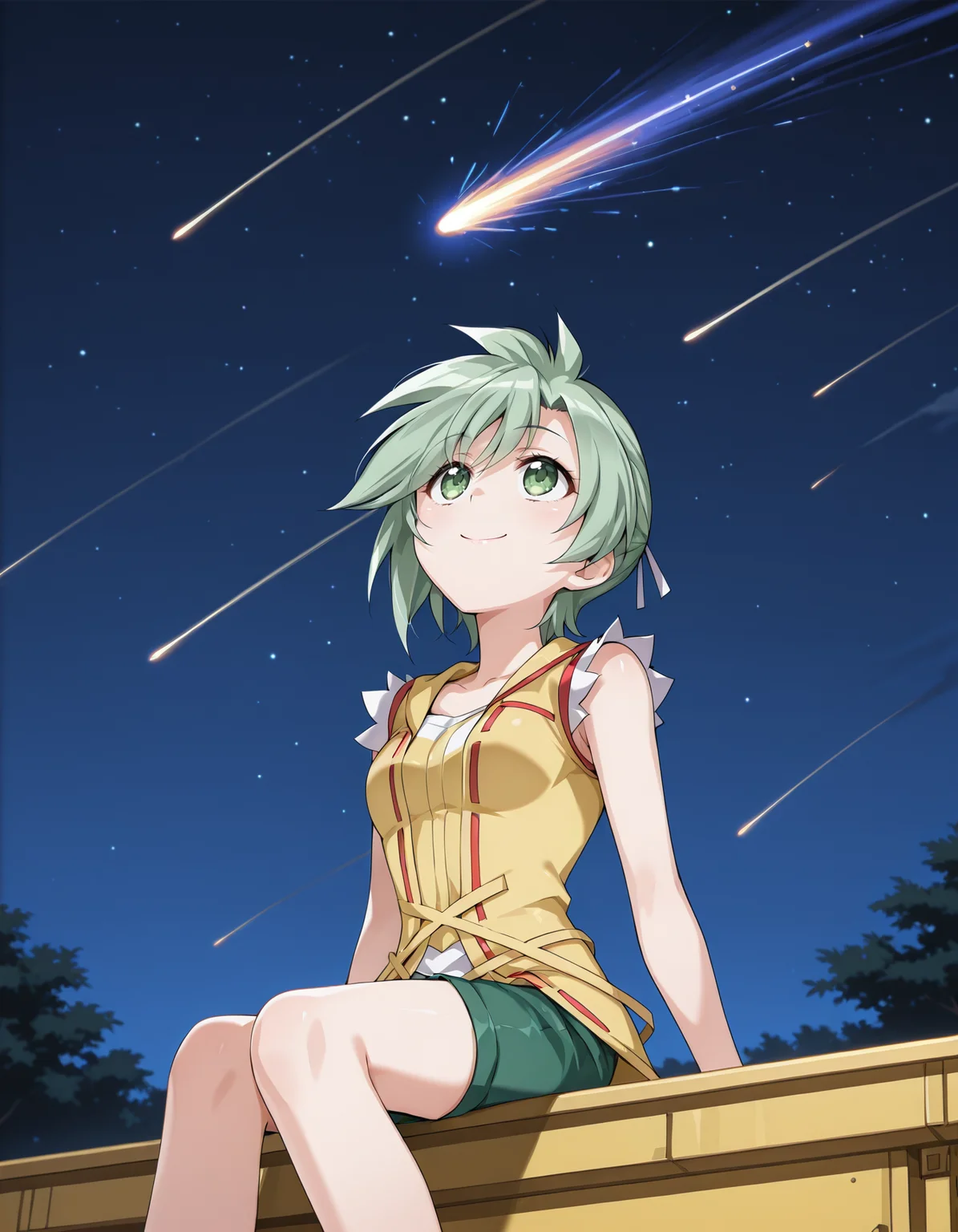 <lora:elnie-v2-illustrious-000040:1> elnie, sleeveless jacket, yellow jacket, (white jacket:0.4), short shorts, green shorts
sitting, smile, looking up, night sky, meteor, upper body, close-up