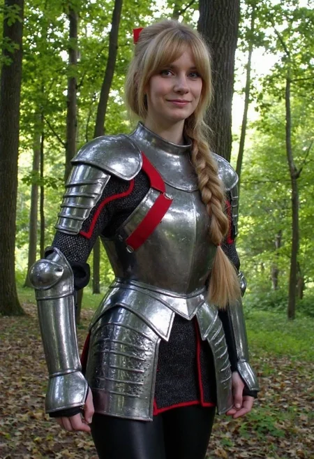 d1g1cam, mature woman standing in forest, 40 years old, looking at the viewer, relaxed expression, wearing knight armor with intricate pattern, red and silver accent, european, long hair with front bangs, side bangs, and a long braided ponytail, black leggings, dynamic angle