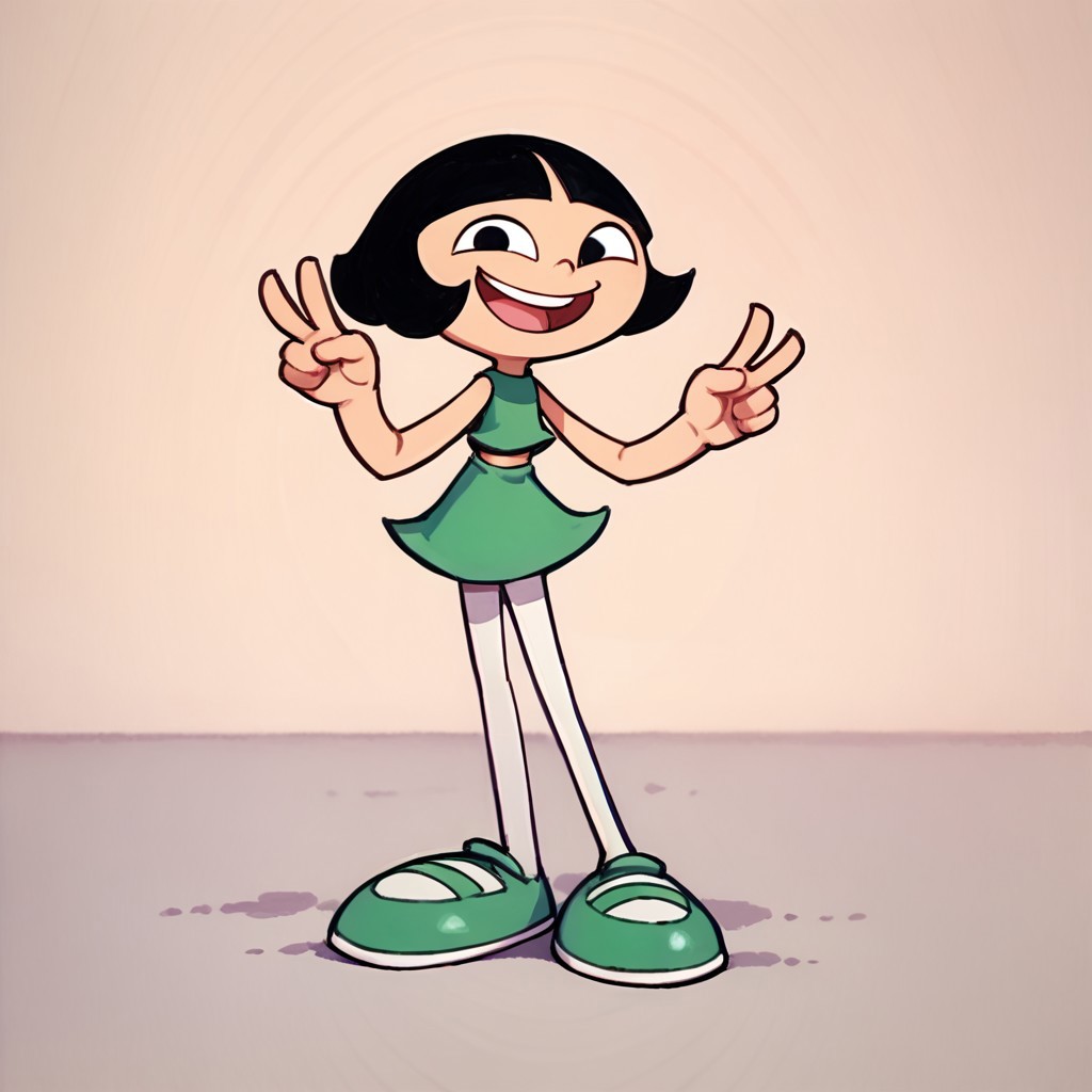score_9, score_8_up, score_7_up BREAK LeeLeeDL, 1girl, black hair, bob cut, blunt bangs, black eyes, sleeveless green dress, white tights, green ballet shoes, open mouth smile, peace sign hands, solo, solo focus, full body,