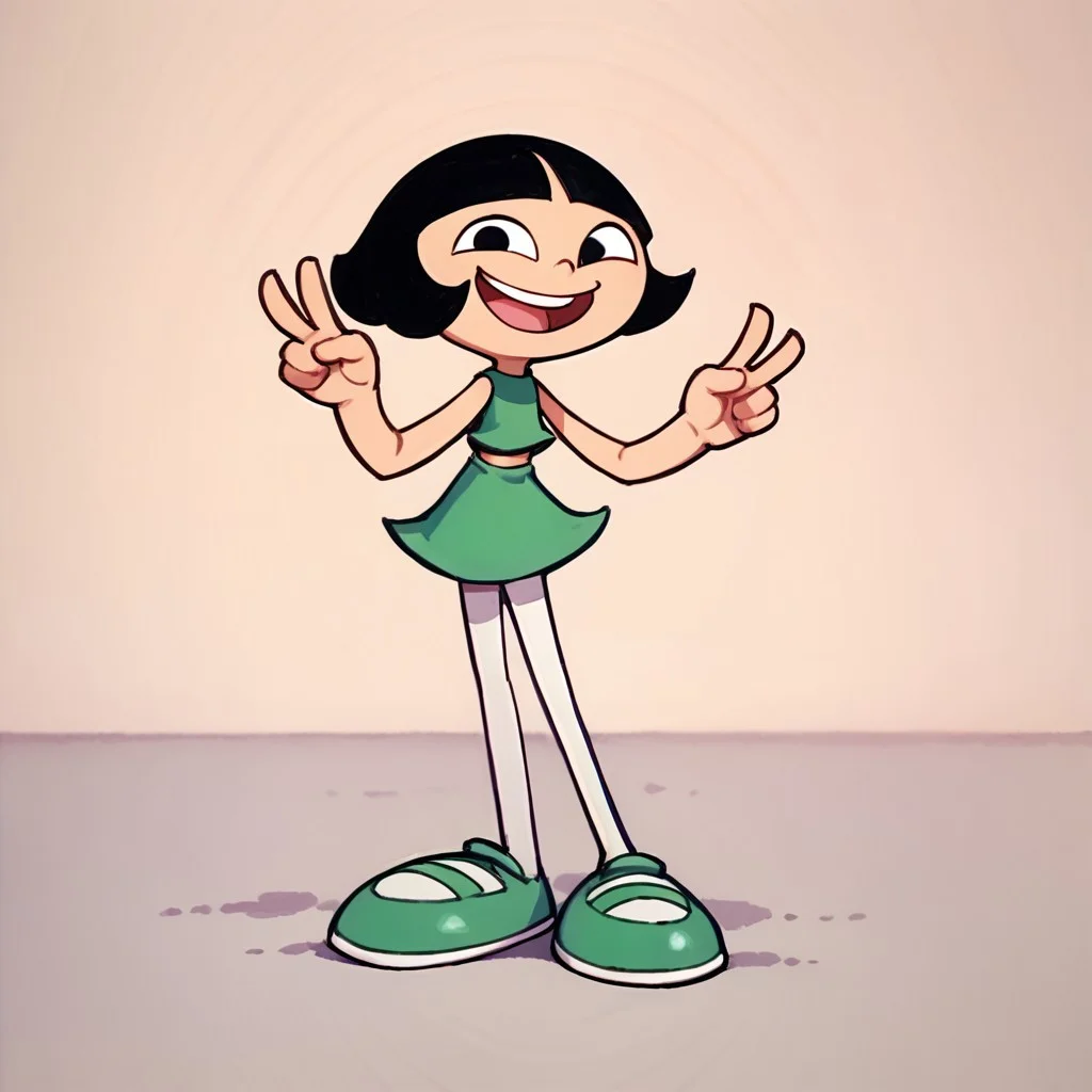score_9, score_8_up, score_7_up BREAK LeeLeeDL, 1girl, black hair, bob cut, blunt bangs, black eyes, sleeveless green dress, white tights, green ballet shoes, open mouth smile, peace sign hands, solo, solo focus, full body,