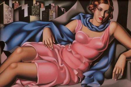 tamaradelempicka1 painting.
A reclining woman in a pink dress with a blue scarf. Her hair is short and wavy. She is lying on her side with one arm resting on the armrest, and the other hand is touching her leg. The background features abstract shapes and a cityscape with buildings and geometric patterns. <lora:tamaradelempicka1_cap_d8a4:1.0><lora:863956165329998154:0>