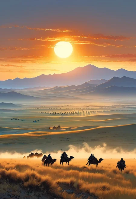 A captivating morning scene illustration featuring the steppes of Mongolia. This enchanting artwork captures a serene and peaceful early morning, where the sun is just starting to rise over the the steppes and fields of Mongolia, creating a cinematic experience back to the times when Mongolian armies rode across the land, 
 illustration, cinematic
<lora:DonM3t3rn1tyXL-v1.1:0.7>, DonM3t3rn1tyXL,
OverallDetailXL  <lora:MJ52:0.3>  <lora:SDXLFaeTastic2400:0.4>  <lora:EpicF4nta5yXL:0.7>