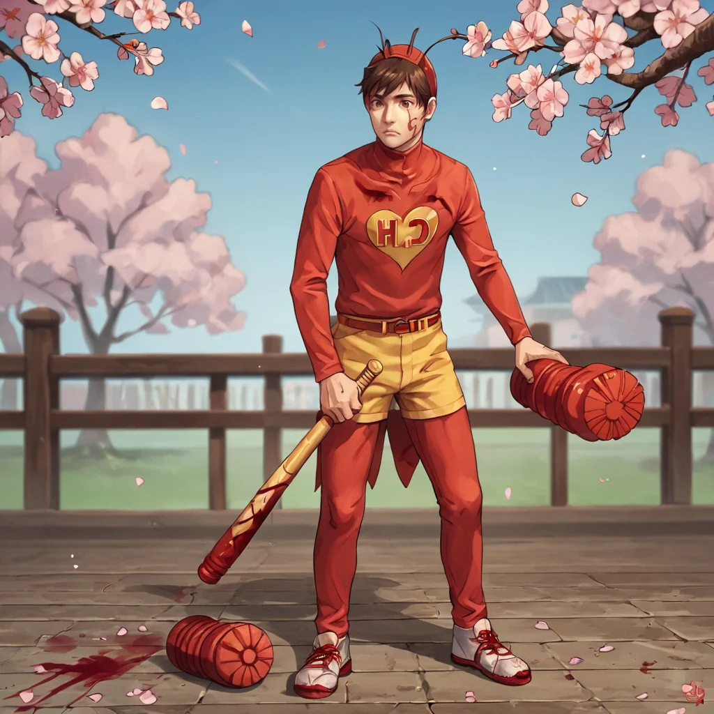 score_9, score_8_up, score_7_up, score_6_up, score_5_up, score_4_up, BREAK source_anime, 1boy,male focus, brown hair, <lora:chapulín_colorado:0.9>,chapulin,full_body,blue sky, baseball_bat, black_eyes, solo, standing, weapon, one girl, beautiful face, pale skin, busty, cherry blossoms, gore