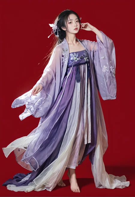 red background,barefoot,,ruanyi0752,hanfu,purple dress,see-through,wide sleeves,<lora:0752 Wisteria butterfly hanfu_v1_pony:1>, score_9,score_8_up,score_7_up,,8k,1girl,solo,