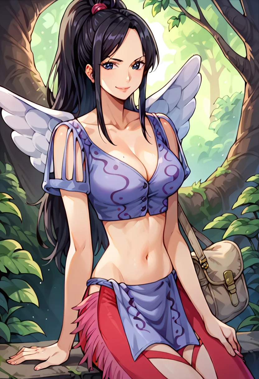 score_9, score_8_up, score_7_up, score_6_up, score_5_up, score_4_up, 1girl, Laki, purple cropped jacket, red legwear, leg cutout, fringe trim, purple loincloth, shoulder bag, wings, black hair, ponytail, sidelocks, hair knot, black eyes, looking at viewer, smile, cute, outside, detailed background, <lora:Laki_pony:1>