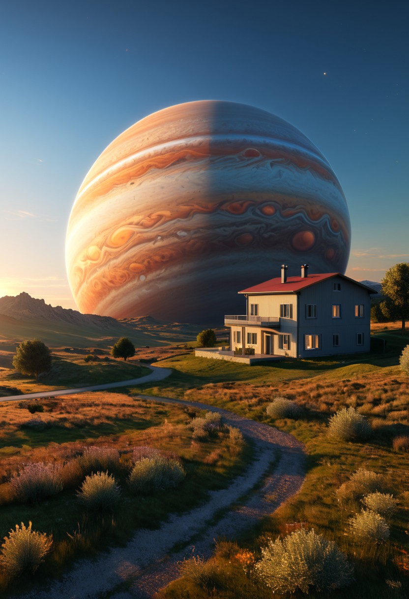 a serene landscape with a singular building at sunrise with a giant jupiter appearing in the sky, digital art, concept art, octane render, unreal engine 5, hyperrealistic, highly detailed, high quality, 4K, low contrast, soft lighting, path tracing, complementary colors, natural lighting, geometric <lora:add-detail-xl:0.7>, <lora:xl_more_art-full_v1:0.7>