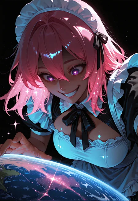 <lora:CivChan:0.65> civchan, , hair between eyes, 
1girl, breasts, maid headdress, light, pink hair, , , (purple eyes), , black ribbon, , frills, ribbon,  hair between eyes, medium hair, , heart-shaped pupils, dark, shade, solo, yandere, reaching, glitter hair, sparkle, grin, teeth, yandere, black dress
pink galaxy hair, long hair, galaxy eyes, galaxy skin , , indoors, ,, covered in stars, in space, ,, , 1girl, stars, , , in space, , , (solo, giant, giantess:1.2), , from above, earth \(planet\), holding, outdoors, no humans, large breast, outstretched hand, reaching, looking down, black background, stars, masterwork, masterpiece, best quality, , dynamic pose,,  dynamic angle, , , (realistic:1.2), (lineless:1.2), detailed, <lora:Detailer_NoobAI_Incrs_v1:0.75>, , aged up, adult,  cheekbones, dynamic lighting