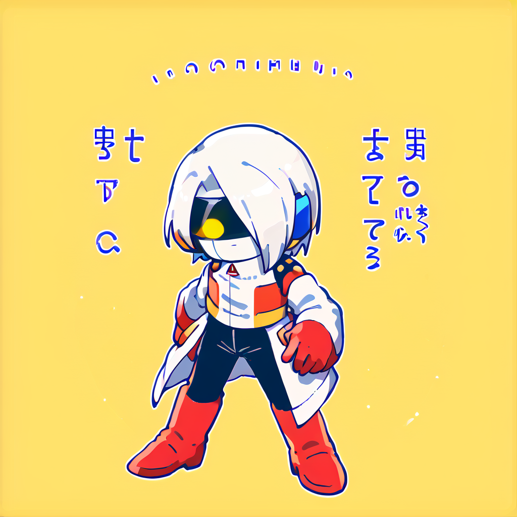 <lora:KirbyJP:1.5> (solo:2), (simple background, yellow background:1)
 <lora:hrhgijinka:1> hrhgijinka, white hair, short hair, android, hair over one eye, black visor, yellow eyes, white skin, colored skin, gloves, red gloves, white jacket, long sleeves, red boots, black pants