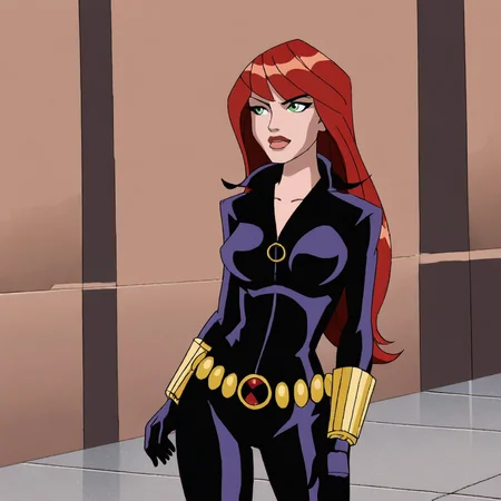 <lora:blackwidowemh_pony_v1:.8> BlackWidowEMH, 1girl, black bodysuit, long hair, green eyes, belt, red hair, black gloves, cowboy shot