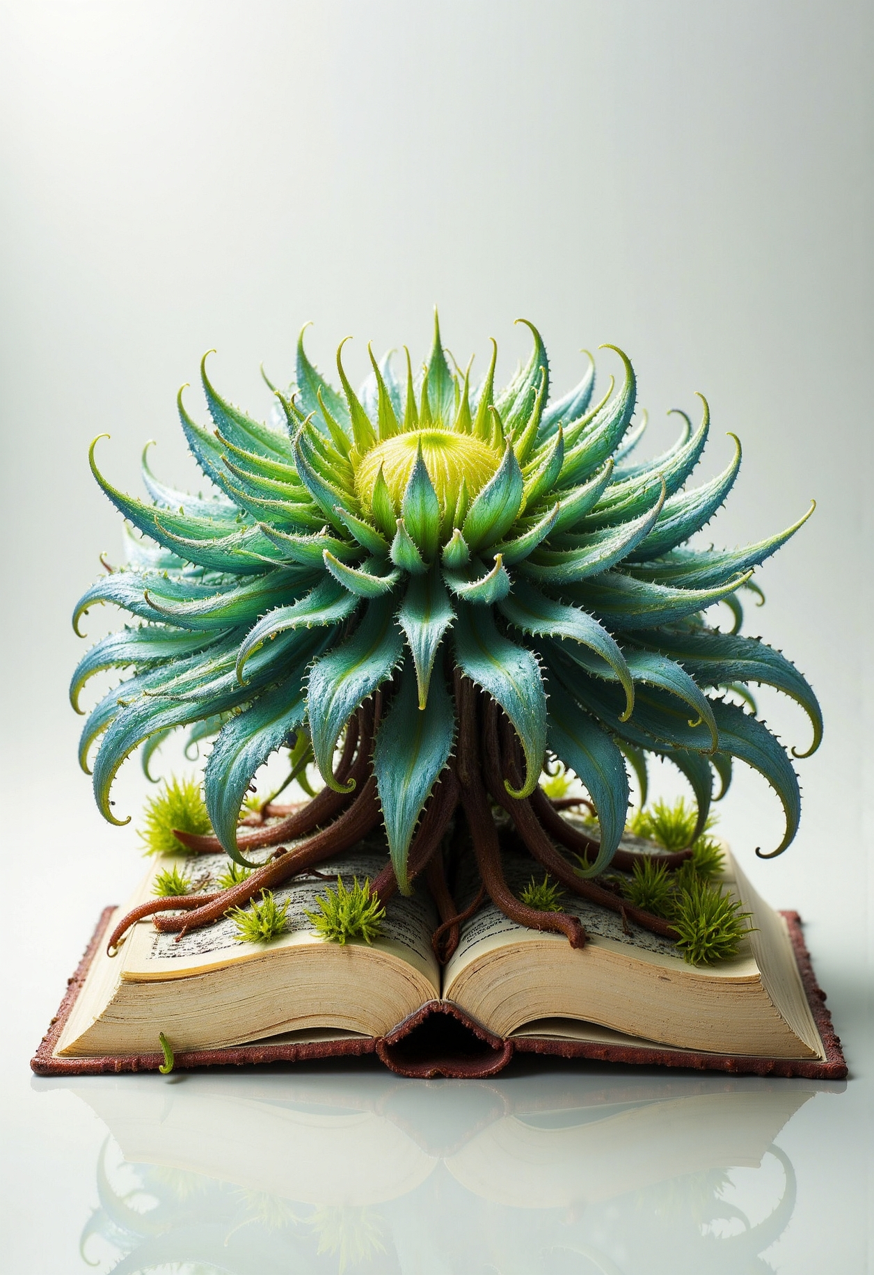 High-resolution realistic photograph of a book made out of alienplants, on a reflective white surface