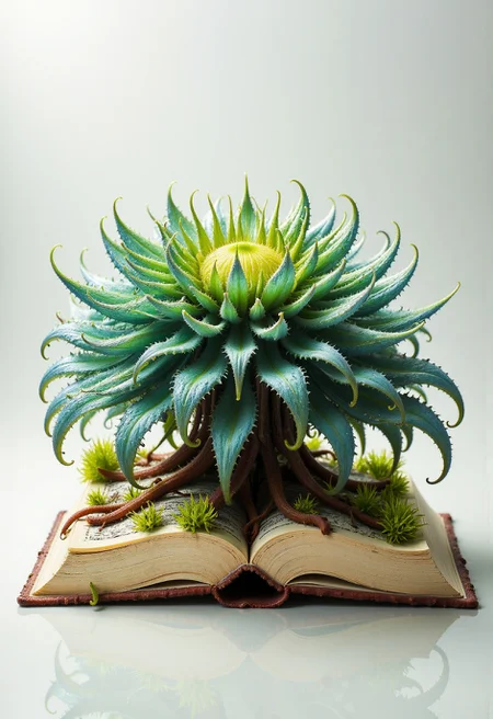 High-resolution realistic photograph of a book made out of alienplants, on a reflective white surface