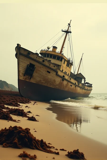 (((an abandoned shipwreck washed ashore, surrounded by wreckage and seaweed.))), Soft Sepia, Vintage Nostalgia: warm lighting, sepia tones, soft focus, nostalgic ambiance, vintage elements, aged textures, timeless look, cozy atmosphere, vintage aesthetics, capturing history, nostalgic emotions, timeless scenes, artistic feel, storytelling through textures, professional technique, gentle light manipulation, vintage concept, nostalgic styling, timeless environment, surreal aesthetics, captivating narratives, intricate details, vintage landscape, editorial storytelling, warm glows, evoking nostalgia, pushing creative vision <lora:add-detail-xl:2> <lora:Cosine_freck:1>âââ