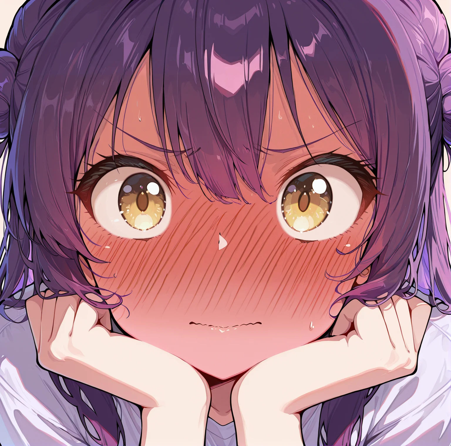 (masterpiece),(best quality),(ultra-detailed),(best illustration),(best shadow),(absurdres),(detailed background),(very aesthetic), simple background, visual novel sprite, 1girl, solo, <lora:Rein:1>, purple hair, yellow eyes, long hair, hair buns, small breasts, <lora:Full-Face_Blush:1>, B1ush, Blush, Full-Faced Blush, red face, shirt