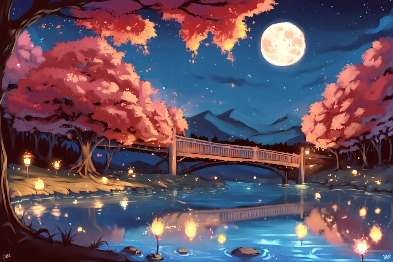 PDXL, source_anime,  <lora:SaishoV1:1>, s4ish0, 
river, large bridge, night, night sky, moon, 
volumetric reflections, volumetric shadows, HDR, shot on Canon DSLR