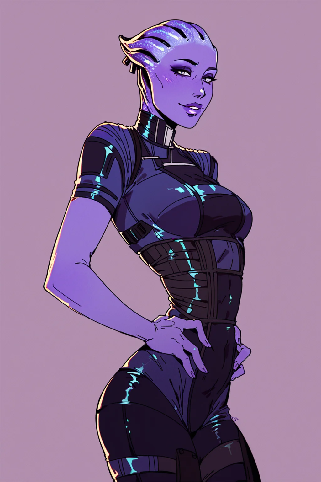 score_9, score_8_up, score_7_up, mass effect \(series\), 1girl, alien, asari \(mass effect\), eyeliner, medium breasts, purple hair, purple lips, purple skin, skin tight, tentacle hair, solo, solo focus, portrait, lavender background, Hands on the waist, looking cheerful, <lora:choo:1>