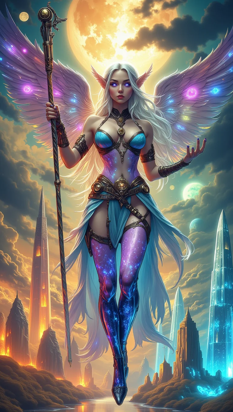 A fantastical elven sorceress floats mid-air, suspended in an iridescent storm of swirling glyphs and glowing sigils, her form blending anime elegance with photorealistic precision. Her skin shimmers like opal, flecked with radiant constellations beneath a translucent layer of digital circuitry. Flowing robes of translucent, watercolor silk flutter around her—stitched with cybernetic veins and bioluminescent thread, shifting hues between lavender, teal, and deep sapphire. Her long hair cascades in strands of luminous liquid metal, caught in a gravity-defying wind. Eyes gleam with intense violet fire, reflecting a dreamlike skyscape where fragments of floating islands, shattered moons, and mechanical flora drift. A spiraling staff, half organic vine and half cyberpunk alloy, pulses in her grip. The background is an abstract collage of painterly clouds, crystalline architecture, and eerie light shafts—simultaneously majestic, eerie, and otherworldly. She is part myth, part machine—a goddess in the surreal realm of Prismatica <lora:Tiger_Kittens:0.8000000000000002> <lora:Prismatica2024-000017:0.4000000000000001>