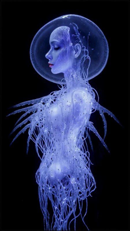 4byss, A haunting fusion of organic and digital existence depicting a ghostly figure composed of delicate, luminous filaments. The being's form echoes both a deep-sea creature and a digital apparition, its body constructed of thousands of fine, flowing white tendrils that pulse with electric blue light. Each strand oscillates and waves like fiber optic threads, creating a hypnotic dance between solid and void.
The entity's face emerges as a striking profile rendered in pure digital light waves, its features defined by undulating parallel lines of electric blue energy that ripple outward into infinity. The facial features possess an ethereal beauty, caught in a serene expression that seems to float between dimensions, while the rest of the form dissolves into an intricate network of bioluminescent filaments.
The creature's body structure mimics that of a jellyfish or sea anemone, with elegant tendrils that flow downward in perfect geometric precision, each one tipped with microscopic light points that pulse in synchronized patterns. These tendrils create a mesmerizing interplay of light and shadow, suggesting both biological complexity and digital perfection.
The background fades to absolute black, making the white and blue luminescence appear to float in void space. The lighting generates an internal glow that suggests consciousness emerging from pure energy, while the precise wave patterns of the face create a stark contrast with the organic chaos of the flowing tendrils.
The overall effect merges the delicate beauty of marine photography with the precision of digital art, creating a being that exists in the liminal space between nature and technology, reality and data, flesh and light