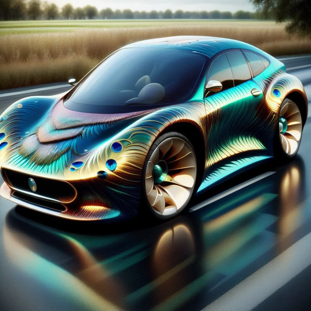 Peacock vintage chevy, the car is made of peacock, the tail fin of the car is made of Peacock feathers, <lora:Peacock_World_Morph_XL:1>, score_9, score_8_up, score_7_up,