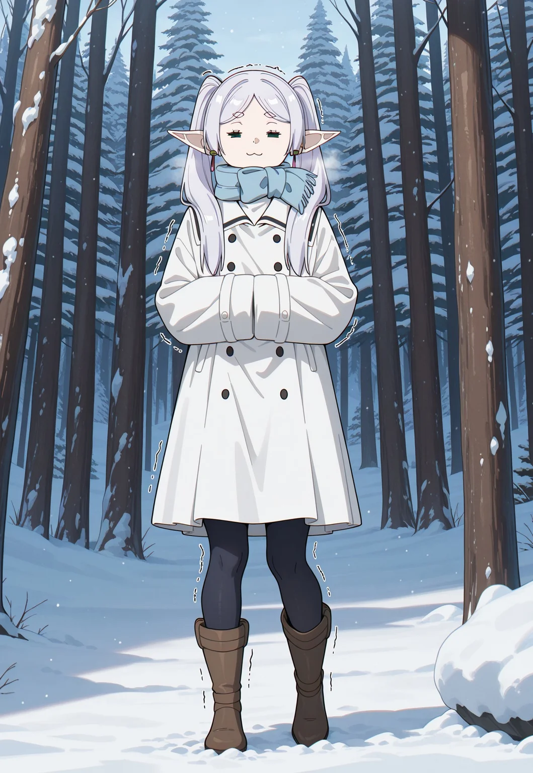 masterpiece, best quality, amazing quality, very aesthetic, absurdres, WinterFrieren, 1girl, elf, pointy ears, white hair, parted bangs, long hair, twintails, hair over shoulder, green eyes, small breasts, earrings, official alternate costume, blue scarf, sailor collar, double-breasted, white long coat, black pantyhose, brown boots, :3, = =, furrowed brow, hands in opposite sleeves, trembling, shiver lines, winter, forest, snow