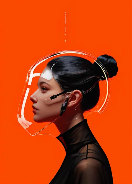 realistic,
masterpiece, best quality, amazing quality, highres, absurdres, very aesthetic, very awa,expert shading, ultra detailed, UHD, 8K,
BREAK,
N3onSp3ctra, 1girl, orange background, solo, profile, simple background, single hair bun, from side, pretty, large Japanese text, vector graphics, concept, hair bun, transparent, mask helmet, glass,see-through, <lora:NeonSpectra-000011:0.75>