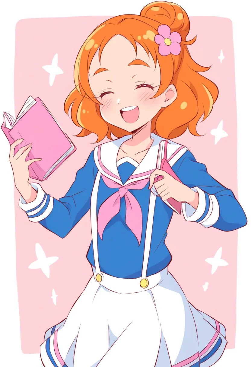 ter (otokoter), haruno haruka, go! princess precure, precure, 1girl, blue shirt, blush, book, closed eyes, flower, hair bun, hair flower, hair ornament, holding, holding book, long sleeves, medium hair, neckerchief, open mouth, orange hair, parted bangs, pink flower, pink neckerchief, sailor collar, shirt, skirt, smile, solo, suspender skirt, suspenders, teeth, thick eyebrows, upper teeth only, white sailor collar, white skirt, zPDXL3
