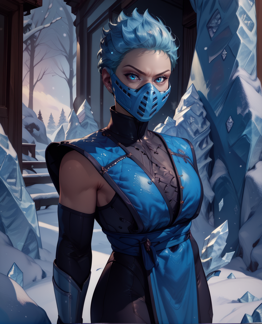 score_9,score_8_up,score_7_up,score_6_up,
frostxl,blue eyes,short hair,mouth mask,
black and blue bodysuit,short pelvic curtain,looking at viewer,
standing,serious,
winter,ice,<lora:FrostpXLDefault-11:1>,