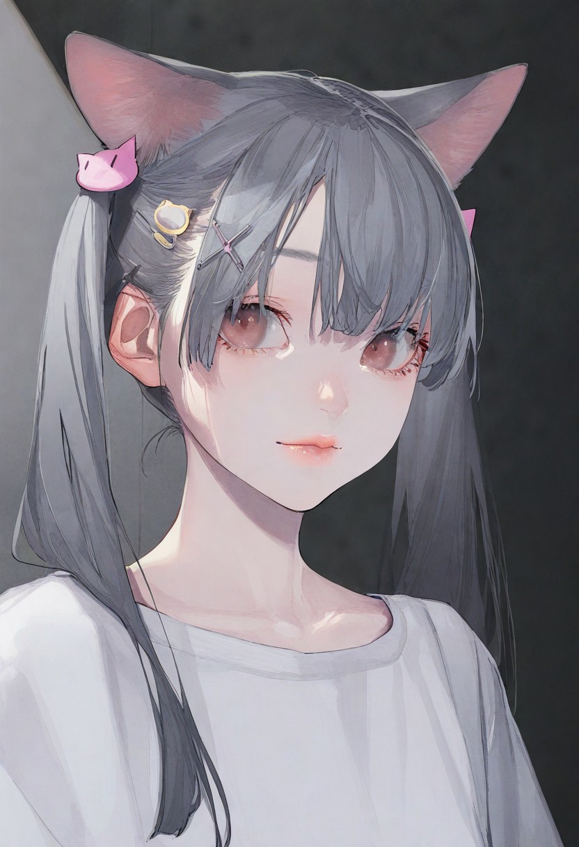 realistic, Sortilege_ST, masterpiece, best quality, very aesthetic, high resolution, ultra-detailed, absurdres, newest, 1girl, masterpiece, upper body, perfect eyes, cat girl, hair ornament, cat pin (hair ornament),