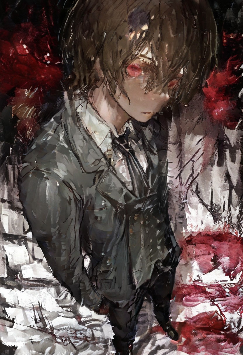 volumetric lighting, ambient occlusion, luminescent background, masterpiece, very awa,fuyumur4s4ki_illu,standing in a zebra crossing, standing in the middle of the road, splatter, blood splatter, looking up, looking at viewer, from above, high angle, fish eye
BREAK
goro, 1boy, male focus, solo, red eyes, brown hair, hair between eyes, school uniform, shirt, white shirt, collared shirt, necktie, striped, striped necktie, jacket, grey jacket, buttons, long sleeves, gloves, black gloevs, pants, black pants, shoes, black footwear,