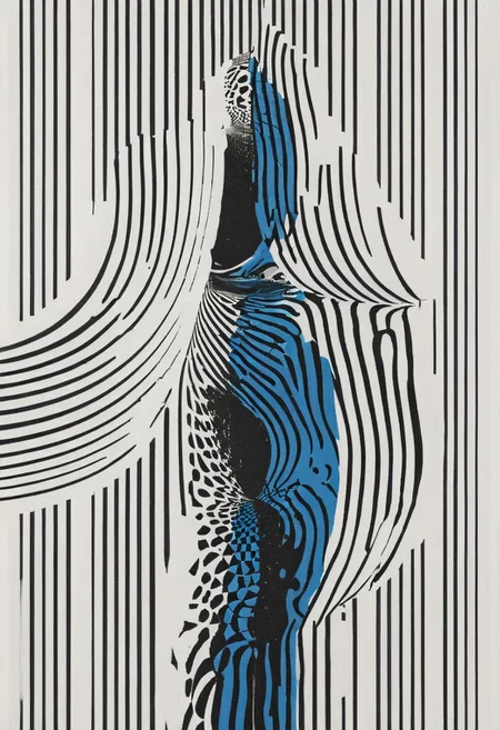 Bw-grignani, Surreal Harmony, Closeup Portrait, An Abstract surreal n Abstract surreal colorful simple painted black armored Knight standing at a cliff Wielding sword throughout the frame, blue Blood Splash, made of lines, vertical lines, horizontal lines, Portrait Made of intertwining snakes, weaving over and under each other throughout the frame, emphasis effect, moire effect, awash in colorful shades, seamlessly extends the lines,