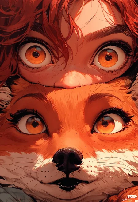 score_9, score_8_up, score_7_up, score_6_up, score_5_up, score_4_up, animalclose-up, girl and a fox, red fox, girl has red hair and reddish-orange eyes, fox has brown eyes, mouth covered,