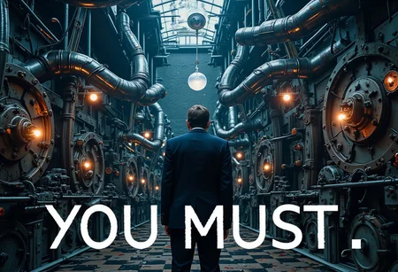 the words 'YOU MUST' written in large font fills the front of frame. In the back of frame weird man with in a dark room with checkerboard blue lotus PEOPLE ARE trapped inside machinery, people crushed inside mechanical gears, high gore arms crushed and bent, signs of wailing, people in business suits trapped in machinery. floors with blood on the ground with a white interior cyber tech electricity electical circuits illuminati symbols with brains and vaginas with high technology alchemical background lightning bolts