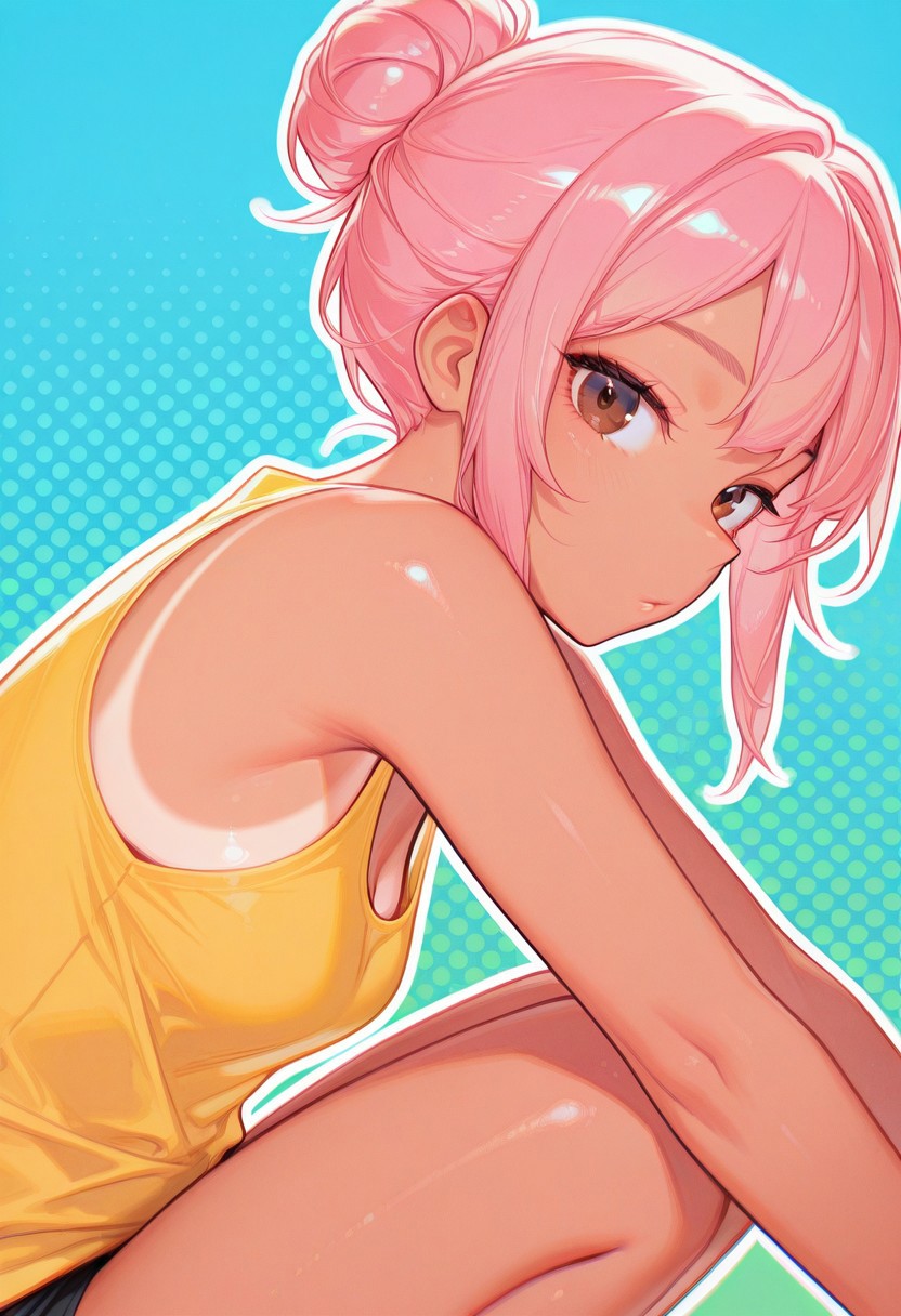 pop_bae_style, best quality, 1girl, tanned, tanlines, yellow tank top, brown eyes, side view, squatting, small breasts, hair bun, looking at viewer, pink hair, outline, halftone background, green background, blue background