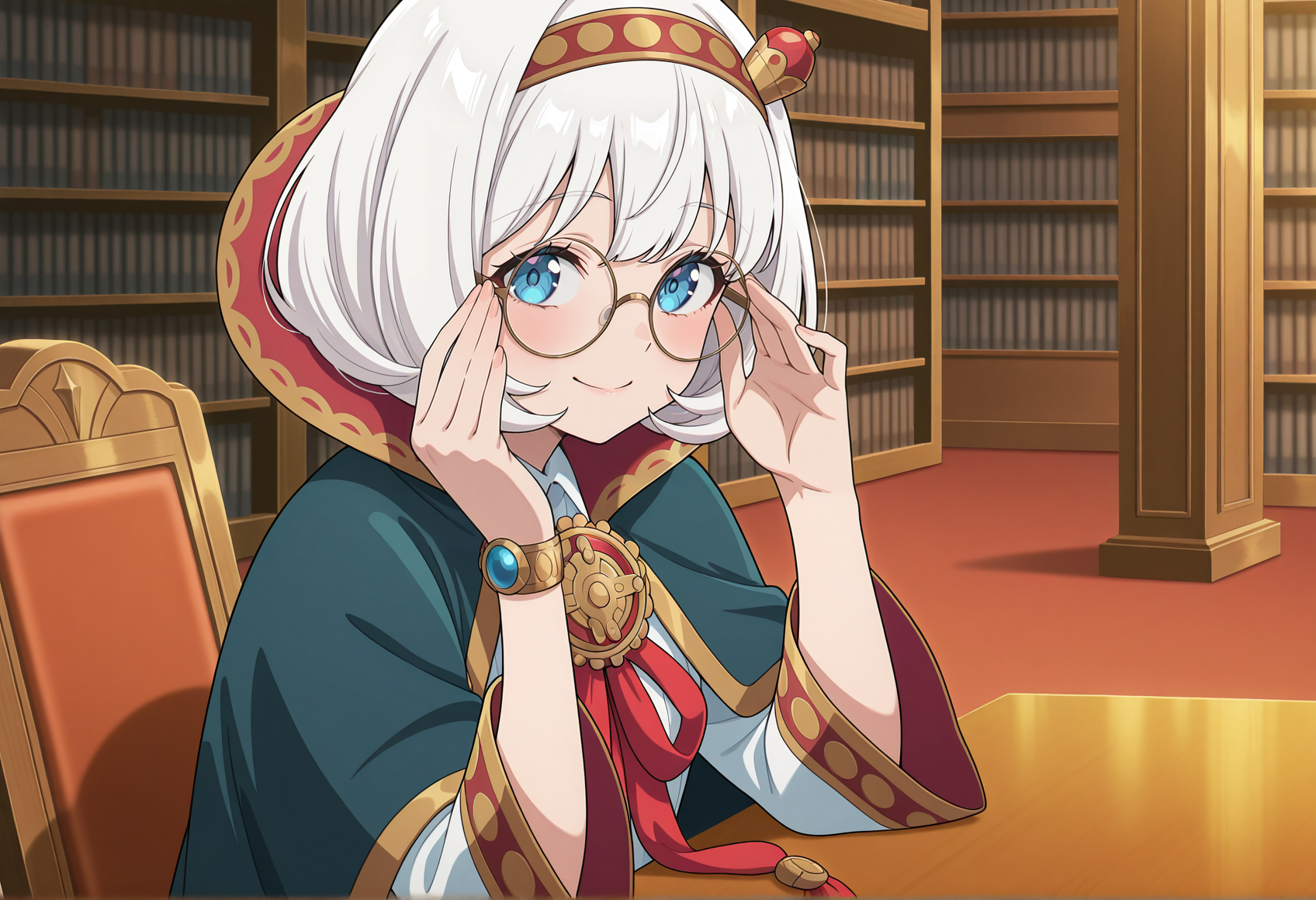 anime scoloring, anime screencap, anime screenshot, close-up, 1girl, white hair, blue eyes, hairband, hair ornament, jewelry, medallion, chest ribbon, long sleeves, wide sleeves, collared cape, sitting, indoors, library, table, glasses, round eyewear, hands in glasses, smile, looking at viewer, from side <lora:manaril_tierkreis:1>, masterpiece, best quality, amazing quality, very aesthetic, absurdres, highres, newest