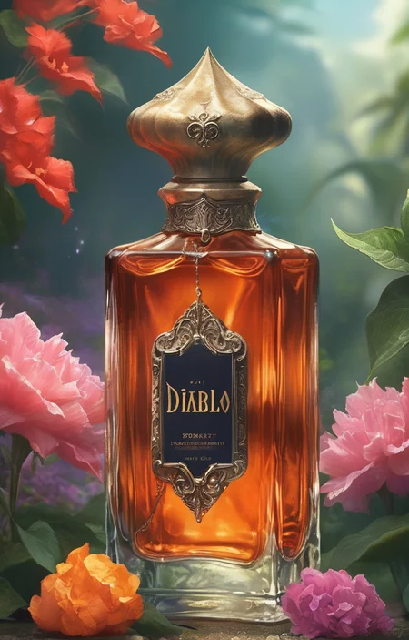 masterpiece,best quality,<lora:tbh258-sdxl:0.9>,illustration,style of diablo, A bottle of perfume in garden