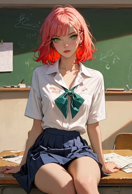 masterpiece, best quality, highly detailed, ultra-realistic, score_9, score_8_up, score_7_up, score_6_up,
BREAK
1girl, solo, girl 25yo, fiery red hair, green eyes, wearing a torn school uniform with the skirt hiked up, sitting on a desk in an empty classroom, (focus on her expression: mischievous, teasing), (background: chalkboard scribbled with naughty notes, scattered papers), (atmosphere: playful, forbidden, with a hint of rebellion)