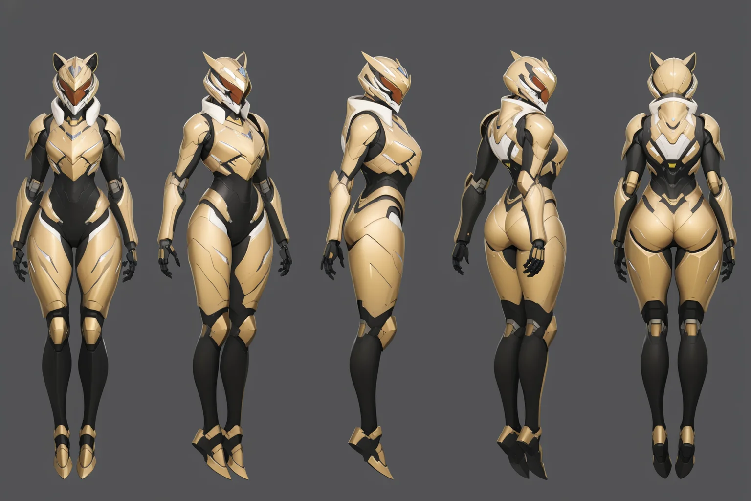 (GENERAL:0), mecha, robot, masterpiece, best quality, very aesthetic, absurdres, solo, standing,
(VIEWS:0), full body character turnaround of mecha,
Multiple views of the same mecha, (simple background, white background:1.2), multiple views, side view, back view, front view,
sunglasses, goggles,
mask, helmet,
Mountain lion\(animals\)ï¼
Alex Mercer\(Prototype\),
plate armor, power suit, alien,
android, cybersuit, upper armor, mechanical arms, machinery, prosthesis,
(bodyshape:0), Lithe body,
(clothing:0), (Celine leather skirt:0.6),
(gold
Gothic theme character design:1.1),
<lora:MechTurnXLRemix_v1:.75>
<lora:MechTurnXL_v1:.25>
<lora:ClothTurnXLRemix_v1-000004:.25>
<lora:ClothTurnXL_v1-000004:0.25>
<lora:CharTurnXL_v2:0.25>
<lora:xl_more_art-full_v1:.25>,
<lora:Alphonse Mucha Style:.1>, Alphonse Mucha Style page
<lora:å½é£æç»SDXL:.1>