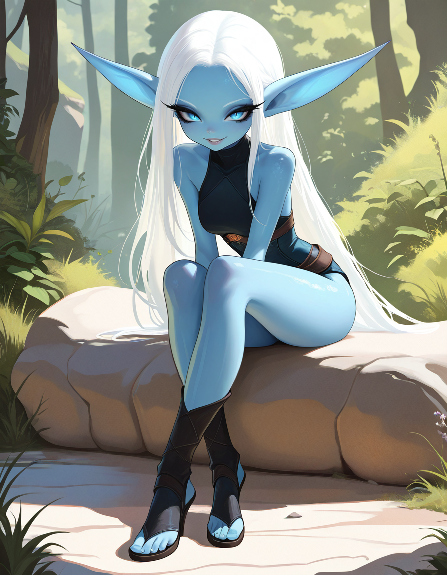 masterpiece, best quality, very aesthetic, absurdres,
outdoors, 
full body,  
seductive smile, parted lips, long eyelashes,
 <lora:Kiki_v01_NAIXL:1>,Kikimb,1girl,solo,elf,long hair,white hair,long pointy ears,blue eyes,colored skin,blue skin,