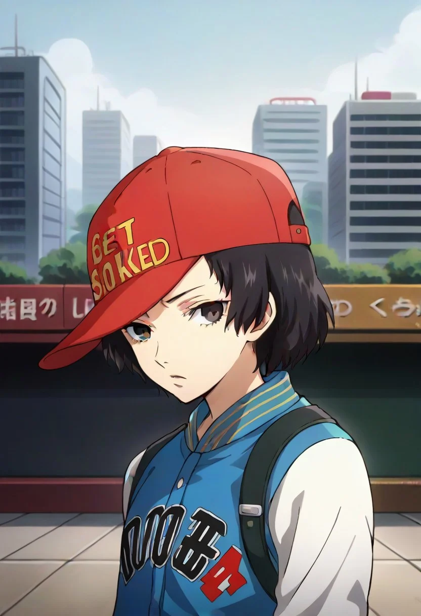 source_anime, highly detailed, shinya,, hat, solo, baseball cap, jacket, black hair, black eyes, short hair, upper body, letterman jacket, red headwear, outdoor, city, street,,,,,,,,,,,,,anime coloring, anime screencap, 1girl,Solo ,, anime,PUFFY nipple,, Uncensored ,Unedited ,,,,,,, ,,,