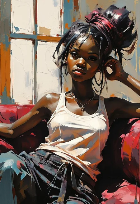 photorealistic image of a cute black woman wearing an afro hairdo, casual clothes, relaxing on a sofa, hard light casting hard interesting shadows coming from a classic french window, abstract background