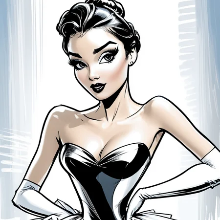 <lora:Azure_Sketch_Illustration:1> ArsMJStyle, AzureSketch, Ballerina, A drawing of a woman in a black and white dress., 1girl, solo, gloves, breasts, hands on hips, cleavage, black hair, dress, makeup, bare shoulders, strapless, medium breasts, lipstick, strapless dress