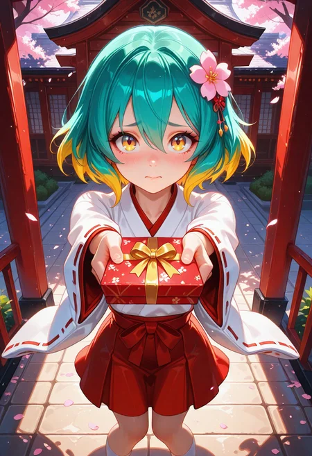 masterpiece, best quality, amazing quality, volumetric lighting, (by_neoartcore:0.1), BREAK, 1girl, 25 years old, cute, petite, mature, adult,
yellow eyes,
multicolored hair, blonde hair, teal hair, hair ornament, hair flower, hair between eyes, short hair,
miko, japanese clothes,
cherry blossoms,
standing, gift box, foreshortening, holding gift, outstretched arms, embarrassed, skirt, knees together feet apart,
day,
masterpiece, best quality, amazing quality,